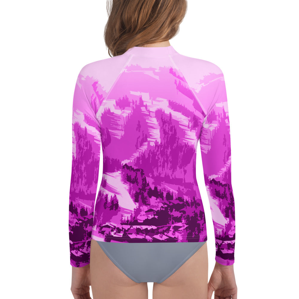 CS0028 - 03008 - Ski Slopes Print Youth Rash Guard (Pink)