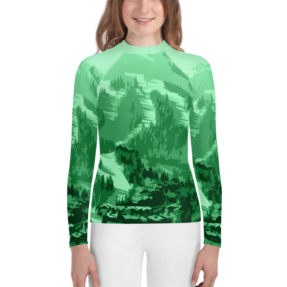 CS0028 - 03008 - Ski Slopes Print Youth Rash Guard (Green)