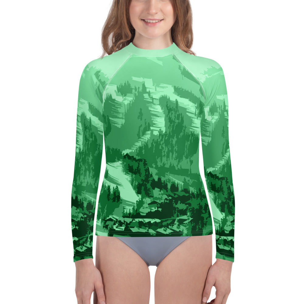 CS0028 - 03008 - Ski Slopes Print Youth Rash Guard (Green)