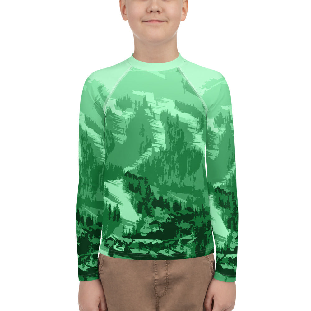 CS0028 - 03008 - Ski Slopes Print Youth Rash Guard (Green)