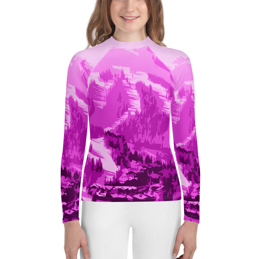 CS0028 - 03008 - Ski Slopes Print Youth Rash Guard (Pink)