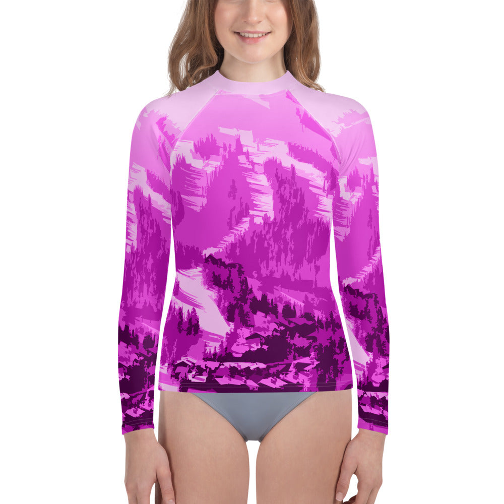 CS0028 - 03008 - Ski Slopes Print Youth Rash Guard (Pink)