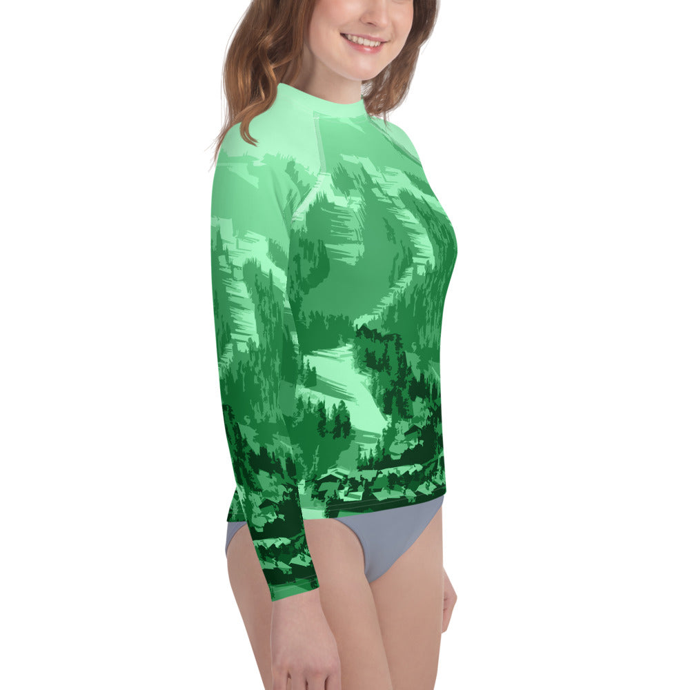 CS0028 - 03008 - Ski Slopes Print Youth Rash Guard (Green)