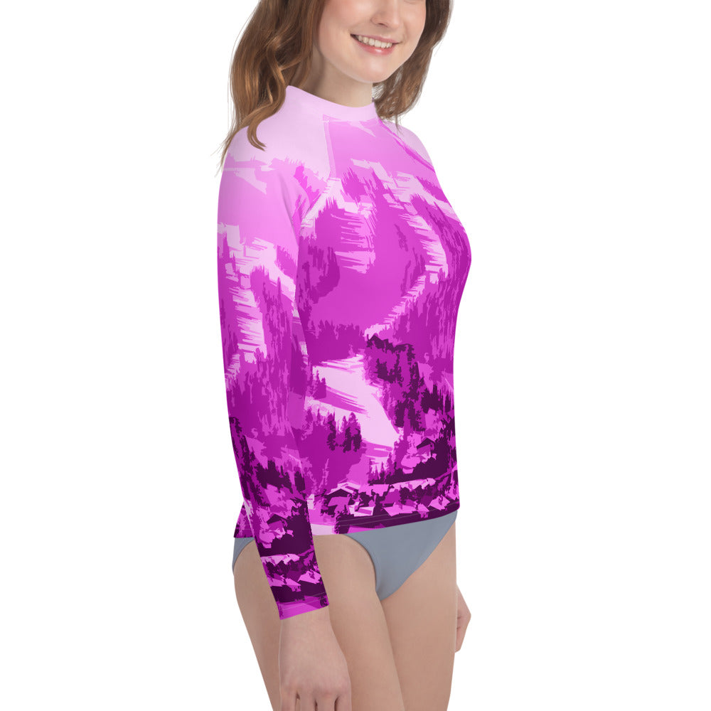 CS0028 - 03008 - Ski Slopes Print Youth Rash Guard (Pink)