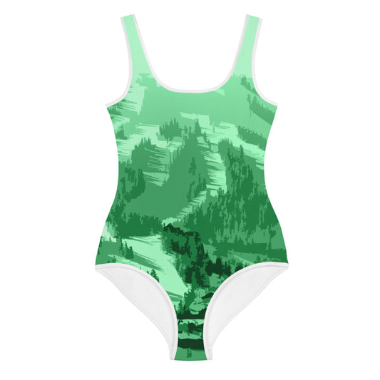 CS0028 - 03008 - AOP Ski Slopes Print Youth Swimsuit (Green)