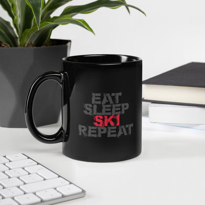 CS0048 - 06002 - Eat Sleep Ski Repeat Black Glossy Mug