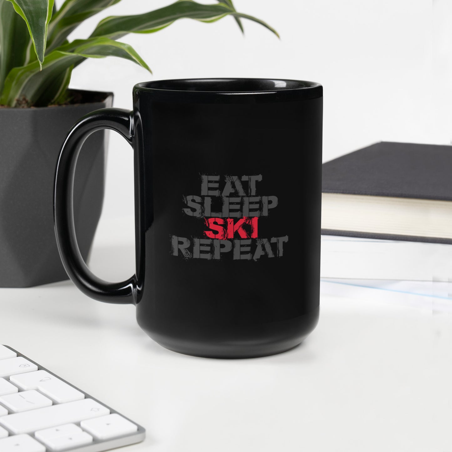 CS0048 - 06002 - Eat Sleep Ski Repeat Black Glossy Mug