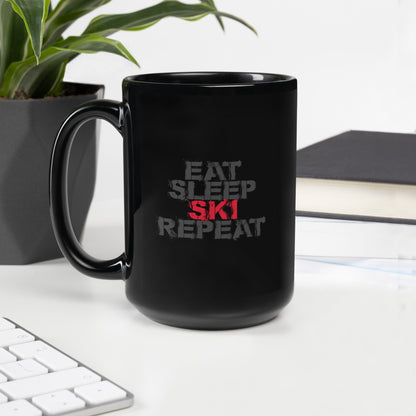 CS0048 - 06002 - Eat Sleep Ski Repeat Black Glossy Mug