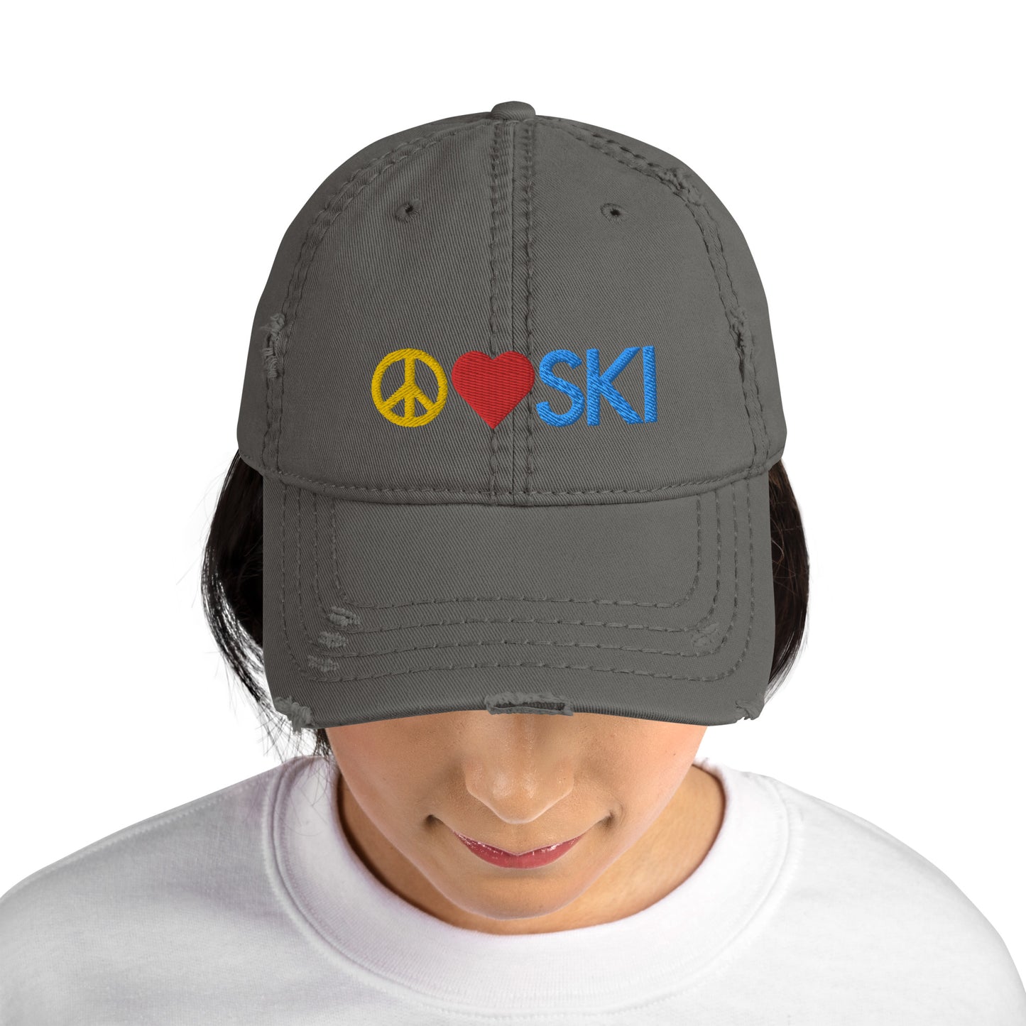 CS0026 - 04002 - Peace | Love | SKI Distressed Dad Hat