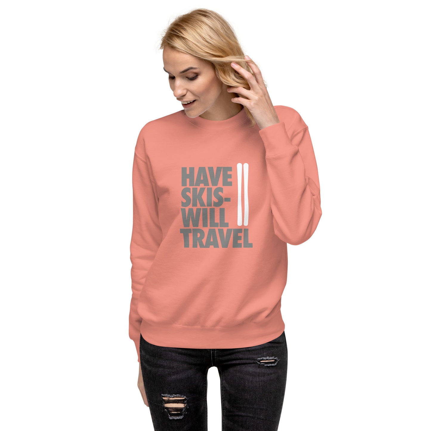 CS0032 - 01005 - Have Skis Will Travel Unisex Premium Sweatshirt (White Skis)