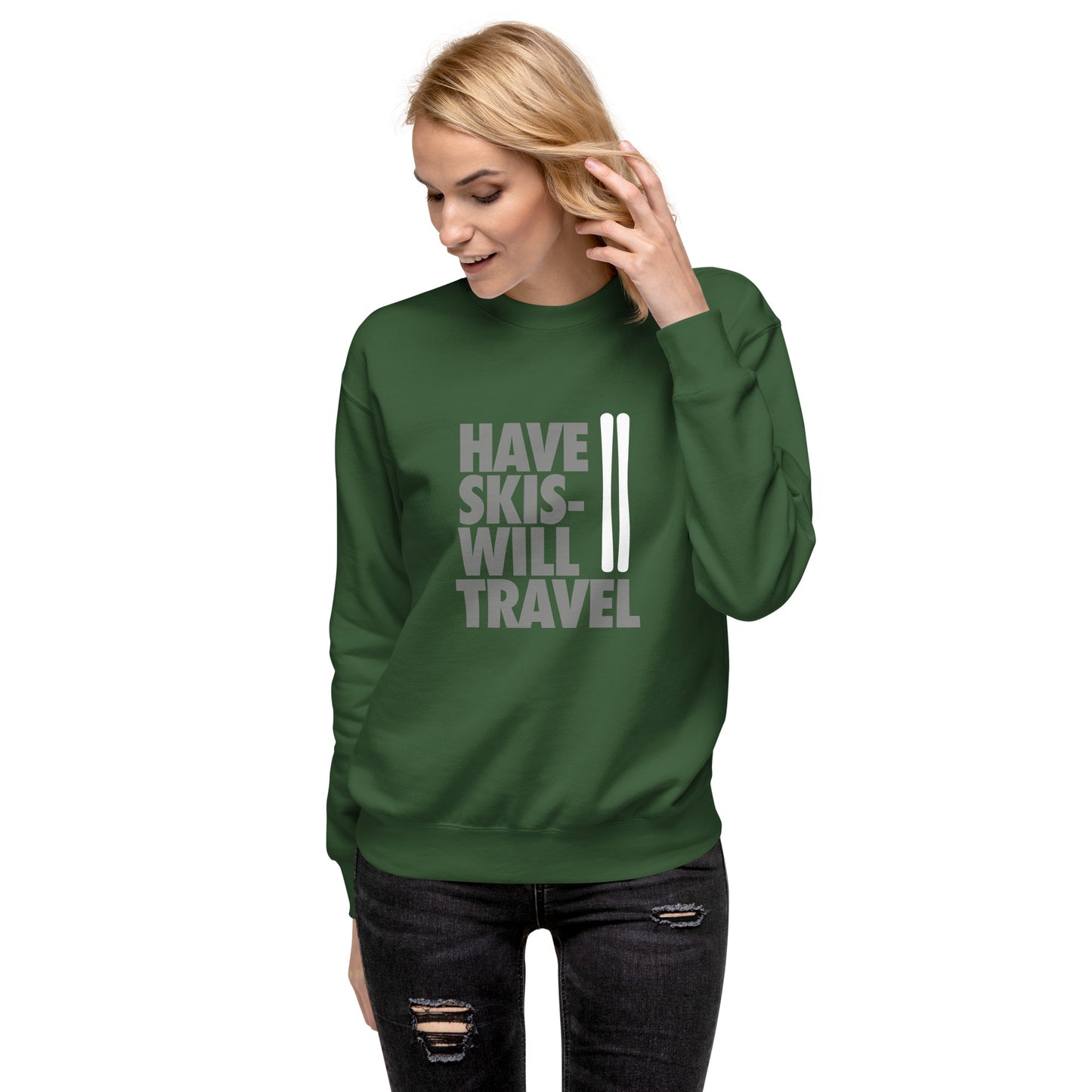 CS0032 - 01005 - Have Skis Will Travel Unisex Premium Sweatshirt (White Skis)