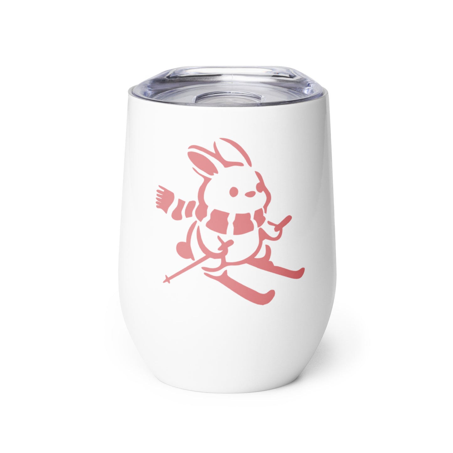 Product shot of wine tumbler with "Ski Bunny" graphic.