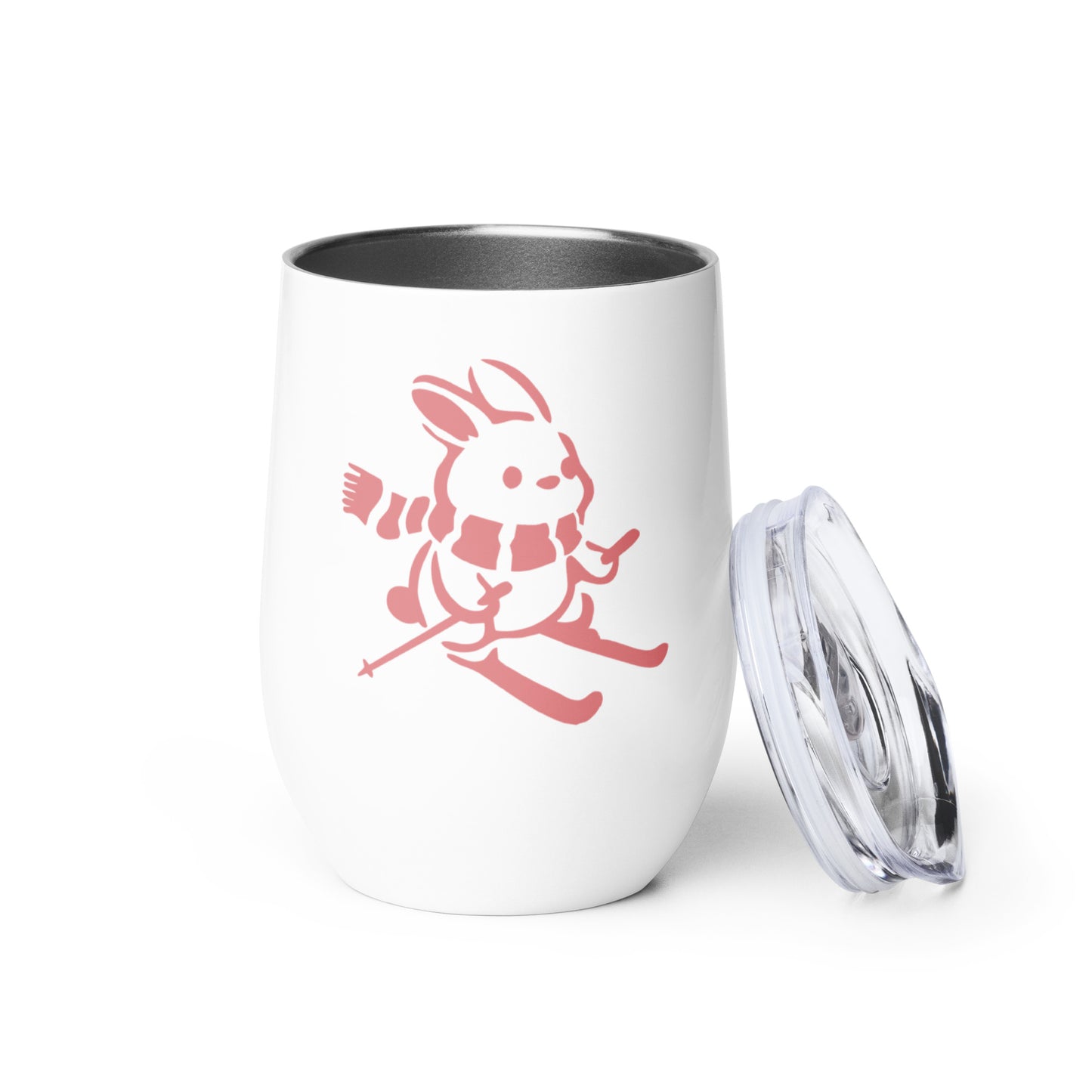 Product shot of wine tumbler with "Ski Bunny" graphic.