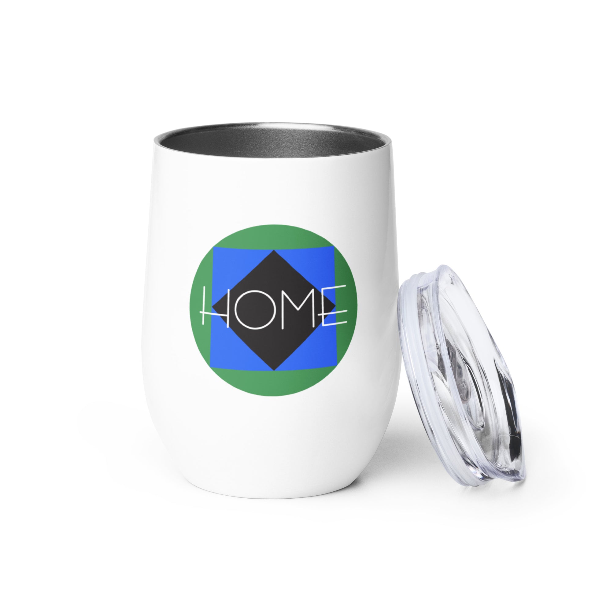 Product shot of wine tumbler with "Ski Icons Home" graphic.