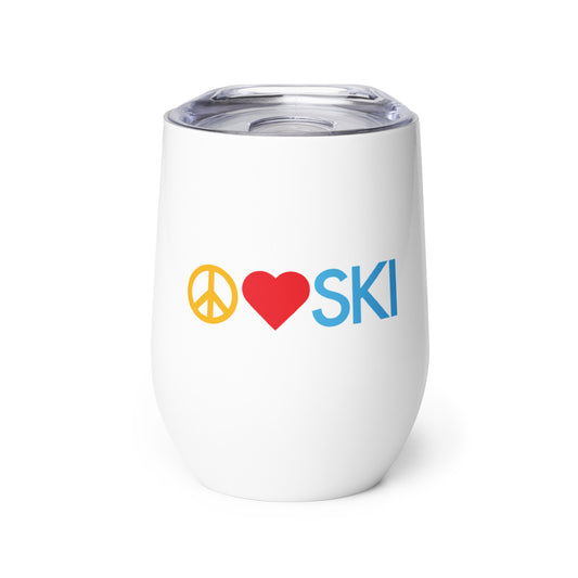 Product shot of wine tumbler with "Peace | Love | SKI" graphic.