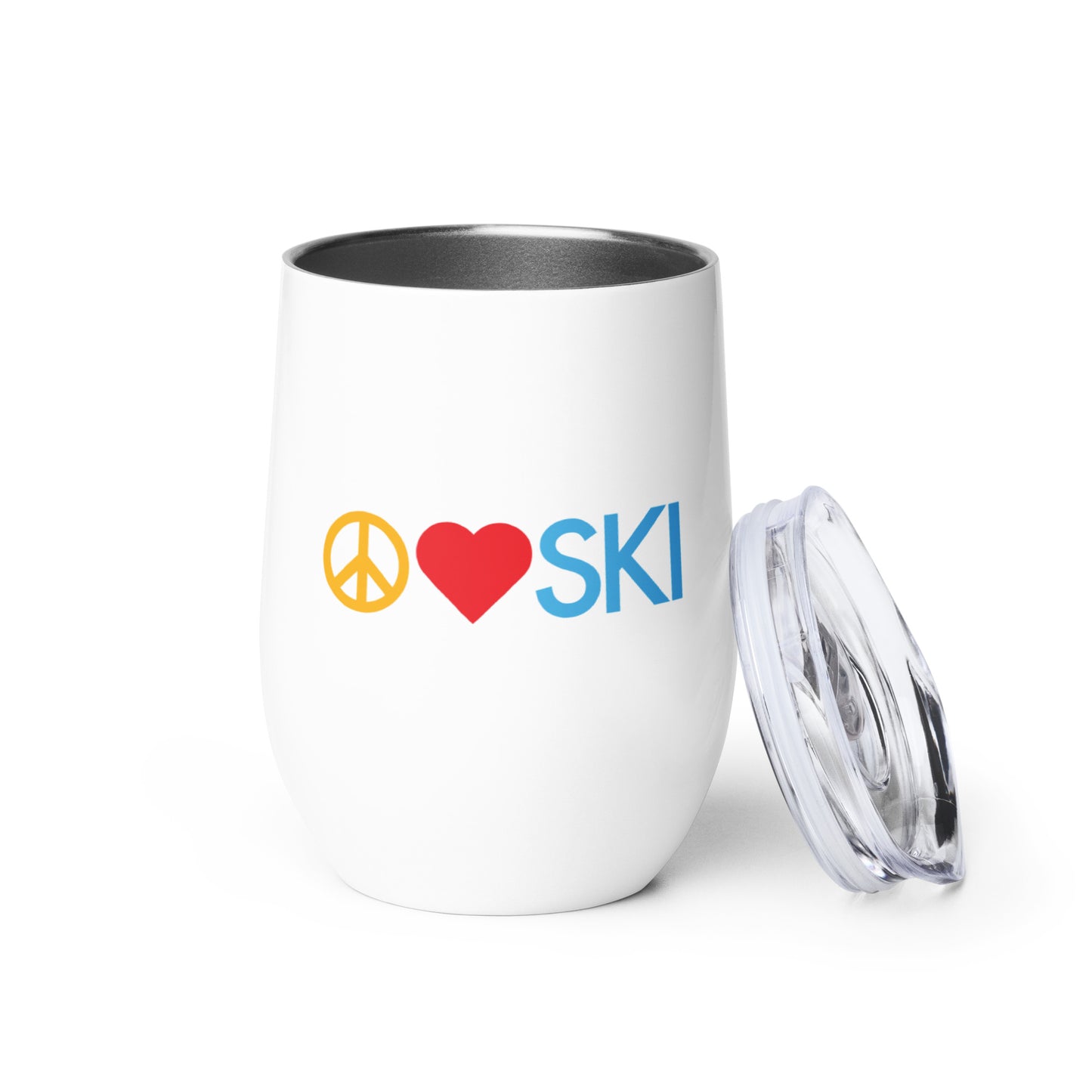 Product shot of wine tumbler with "Peace | Love | SKI" graphic.