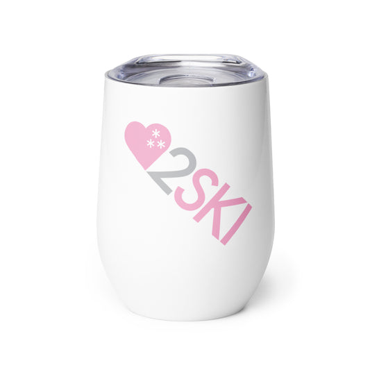 Product shot of wine tumbler with "LOVE2SKI" graphic.