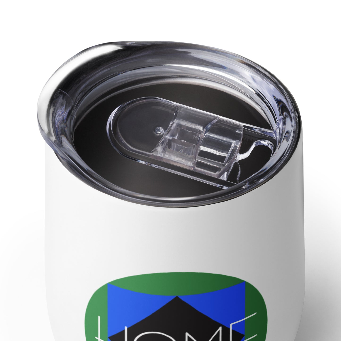 Product shot looking down on top of wine tumbler with "Ski Icons Home" graphic.