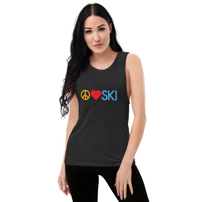 CS0026 - 02003 - Peace | Love | SKI Ladies’ Muscle Tank