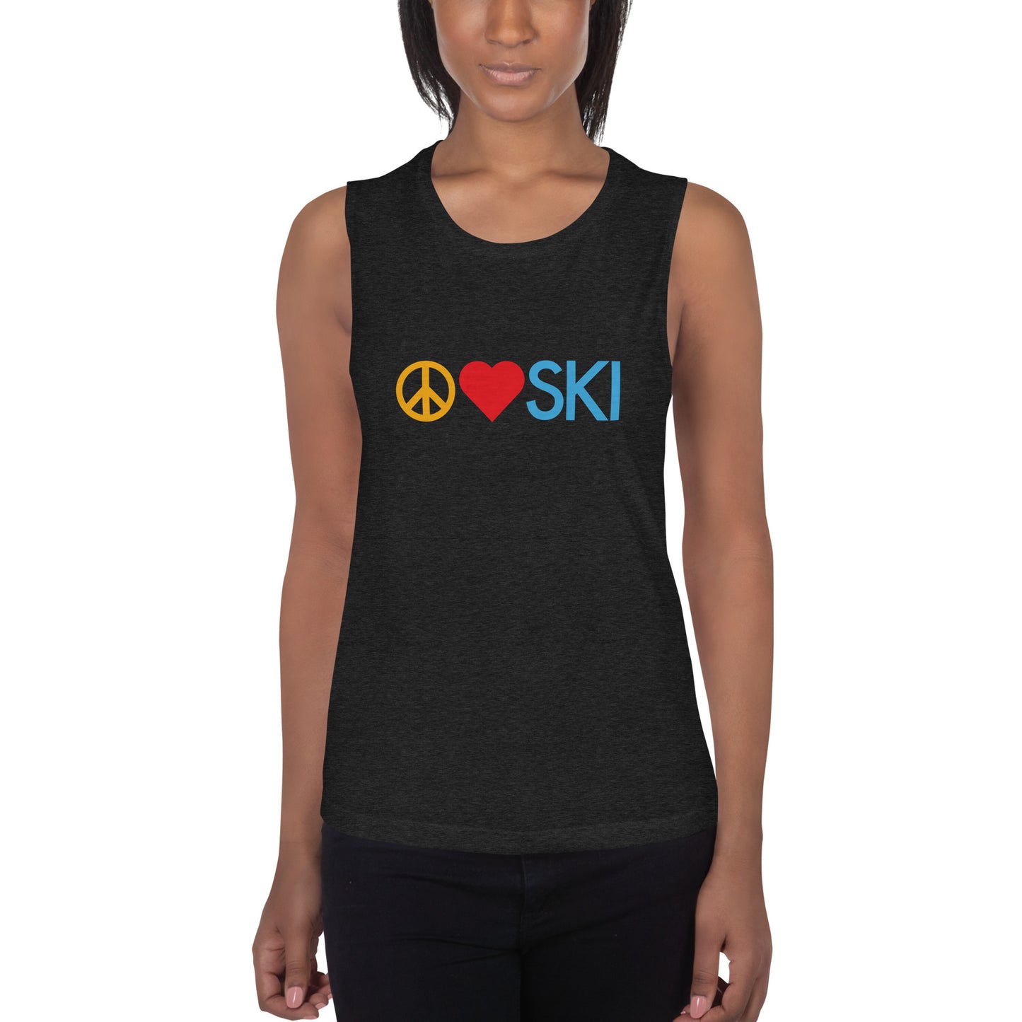 CS0026 - 02003 - Peace | Love | SKI Ladies’ Muscle Tank