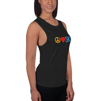 CS0026 - 02003 - Peace | Love | SKI Ladies’ Muscle Tank