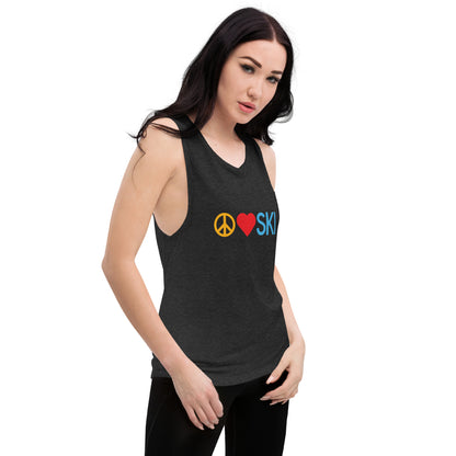 CS0026 - 02003 - Peace | Love | SKI Ladies’ Muscle Tank