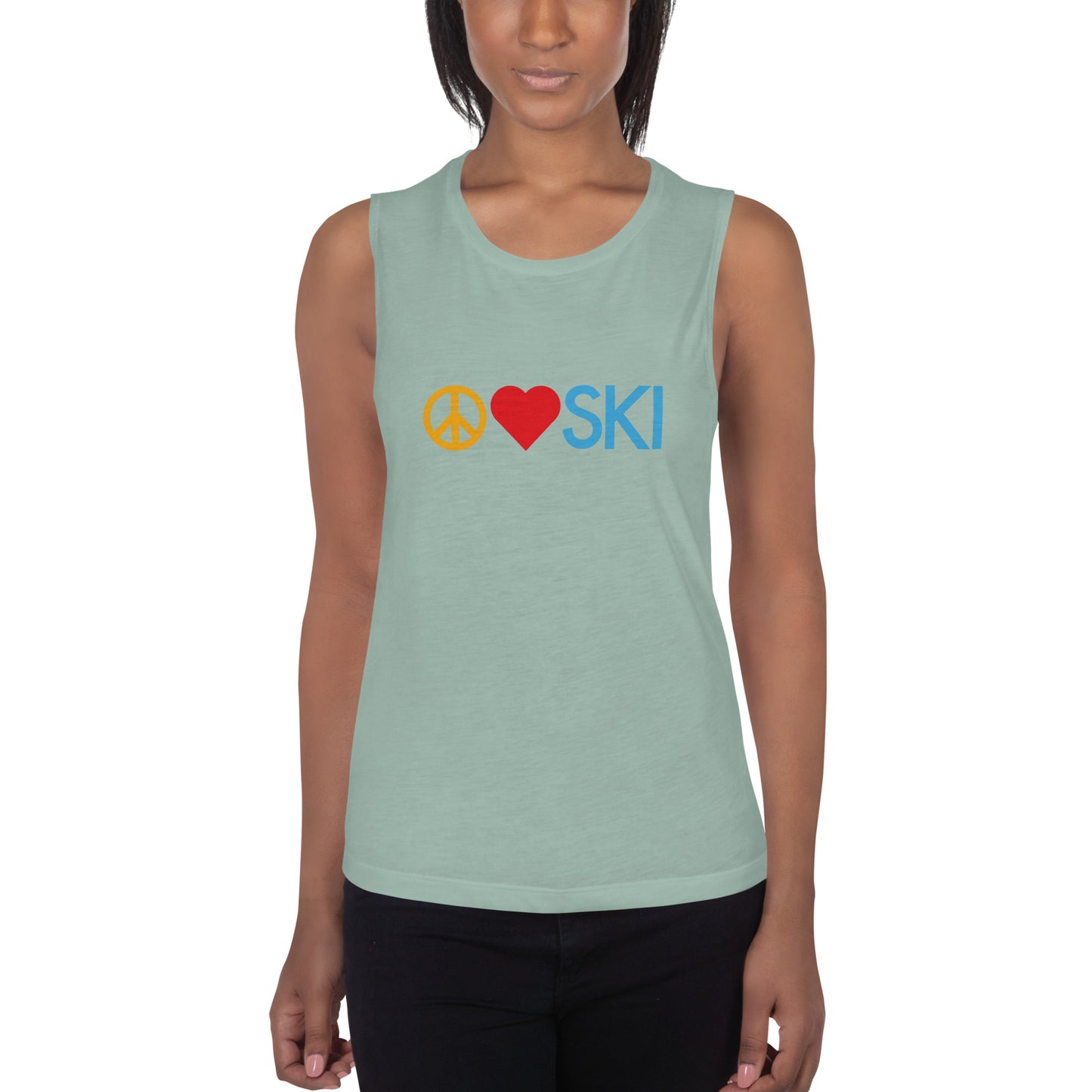 CS0026 - 02003 - Peace | Love | SKI Ladies’ Muscle Tank