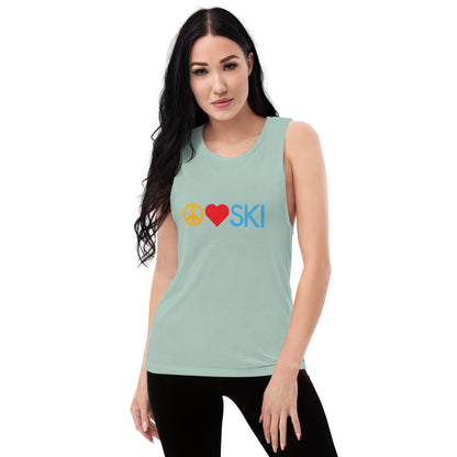 CS0026 - 02003 - Peace | Love | SKI Ladies’ Muscle Tank