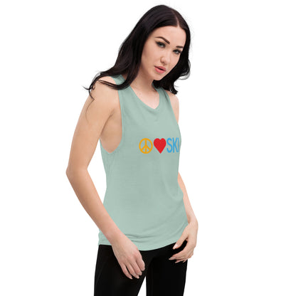 CS0026 - 02003 - Peace | Love | SKI Ladies’ Muscle Tank