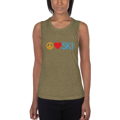 CS0026 - 02003 - Peace | Love | SKI Ladies’ Muscle Tank