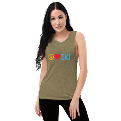 CS0026 - 02003 - Peace | Love | SKI Ladies’ Muscle Tank