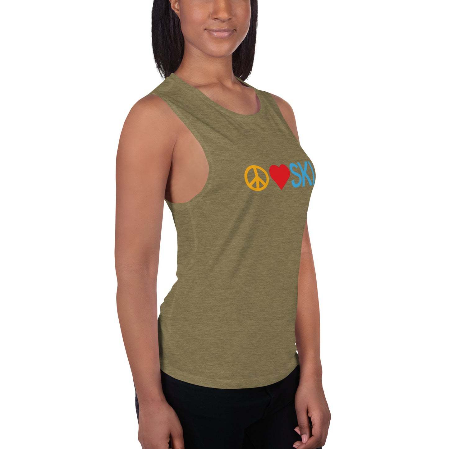 CS0026 - 02003 - Peace | Love | SKI Ladies’ Muscle Tank