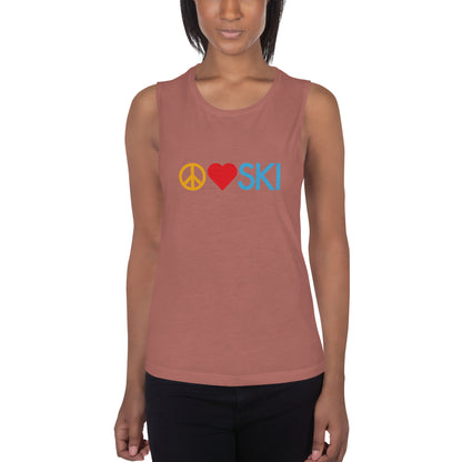 CS0026 - 02003 - Peace | Love | SKI Ladies’ Muscle Tank