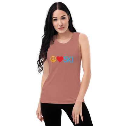 CS0026 - 02003 - Peace | Love | SKI Ladies’ Muscle Tank