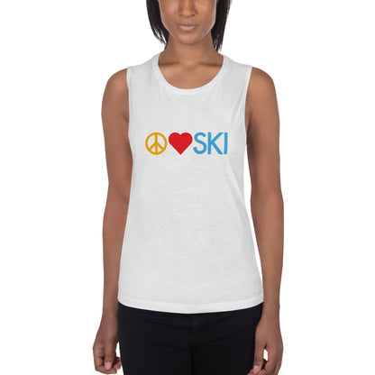 CS0026 - 02003 - Peace | Love | SKI Ladies’ Muscle Tank