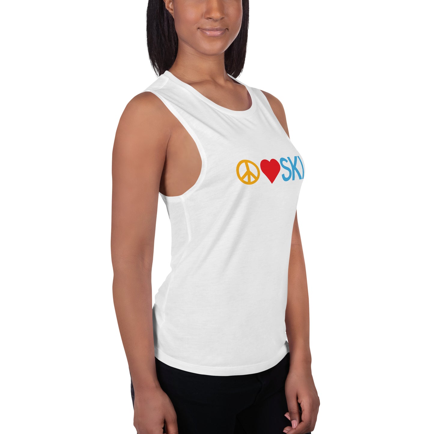 CS0026 - 02003 - Peace | Love | SKI Ladies’ Muscle Tank